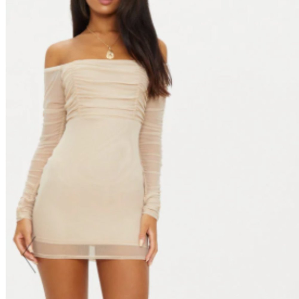 NWT- PrettyLittle Thing- RUCHED MESH BARDOT BODYCON DRESS